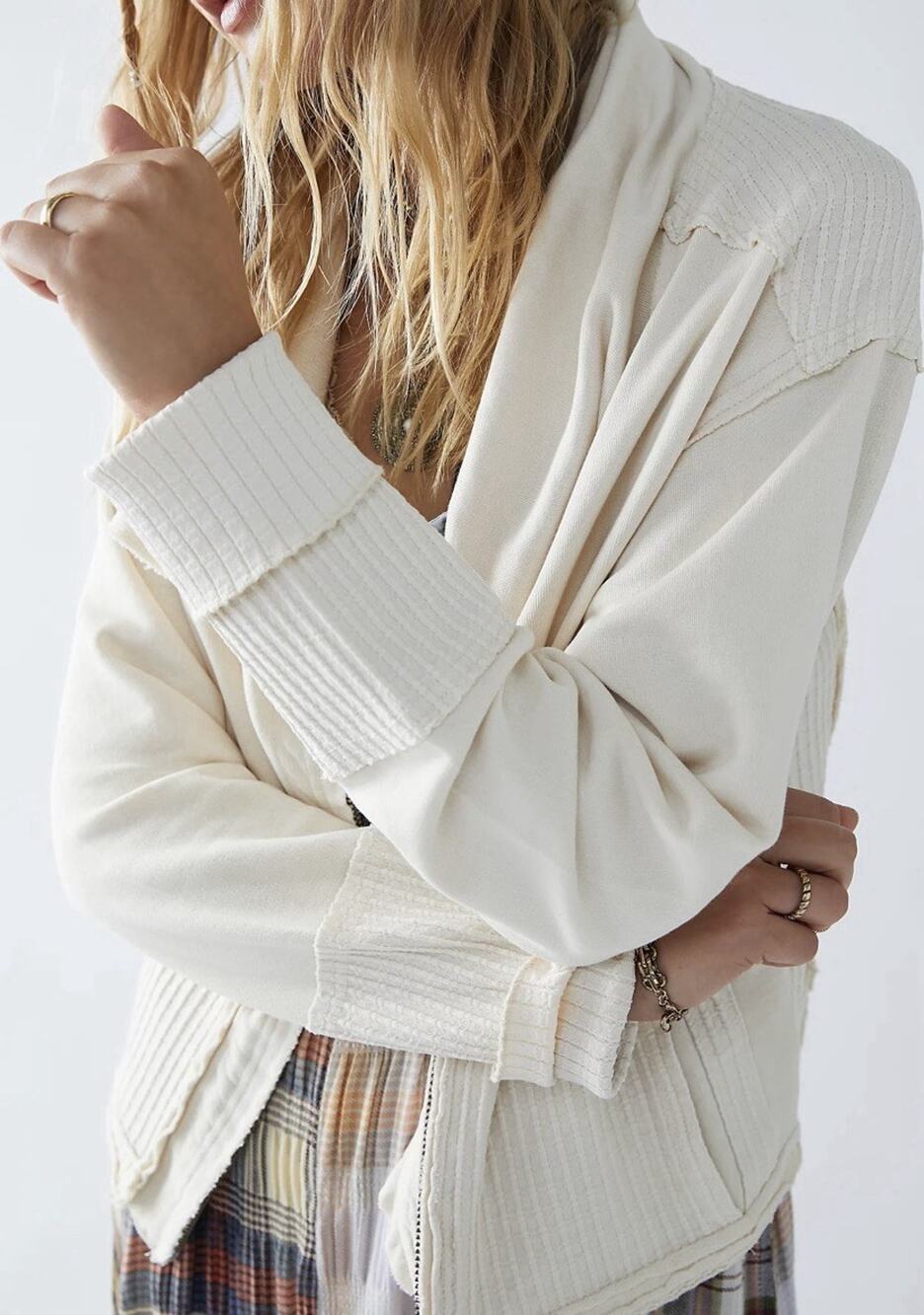 We The Free Free People Cream Ribbed Mixed Texture Zip Jacket Size Large